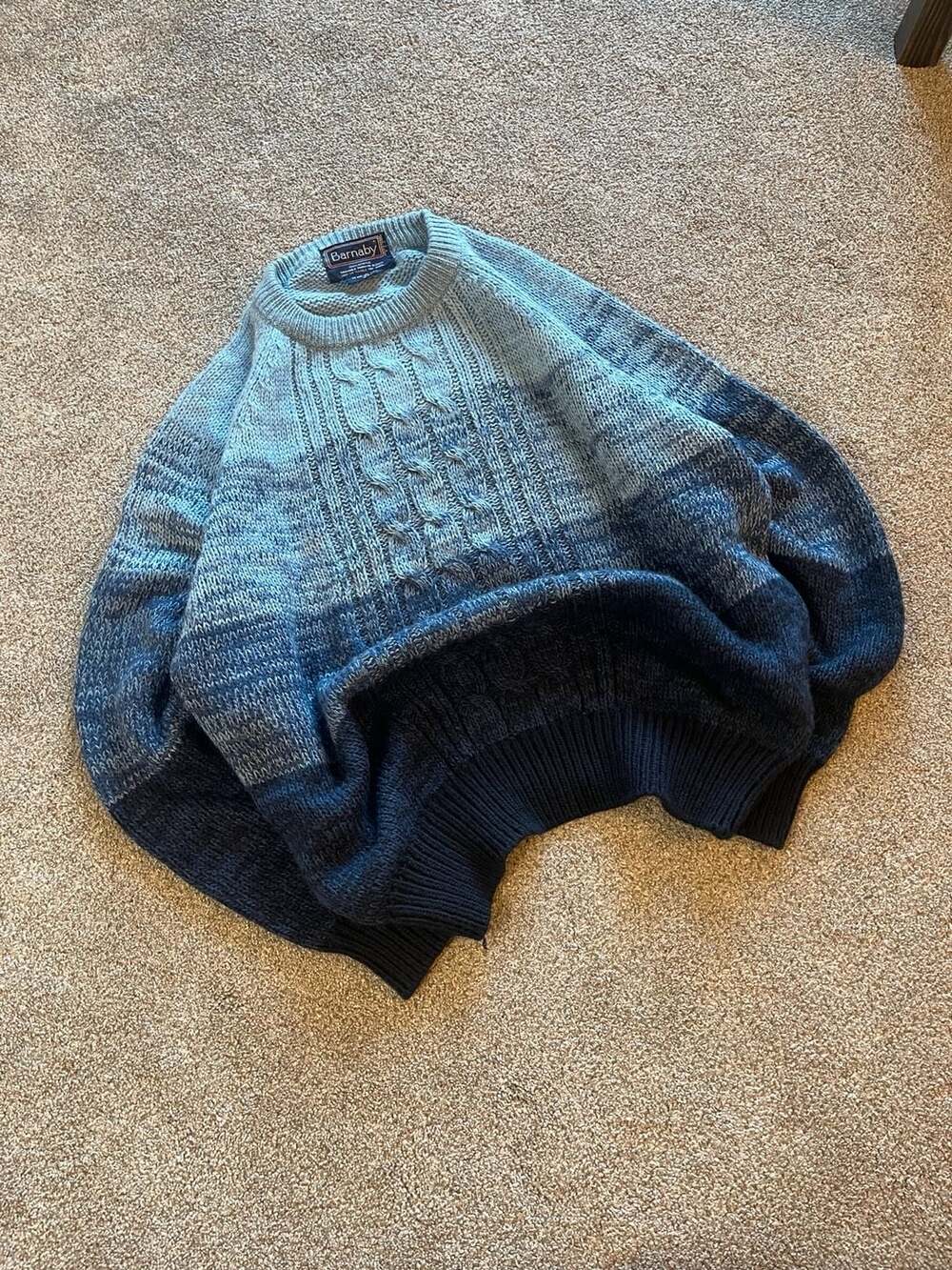 Vintage Barnaby Blue Cable Knit Ombre Gradient Crewneck Pullover Sweater XL